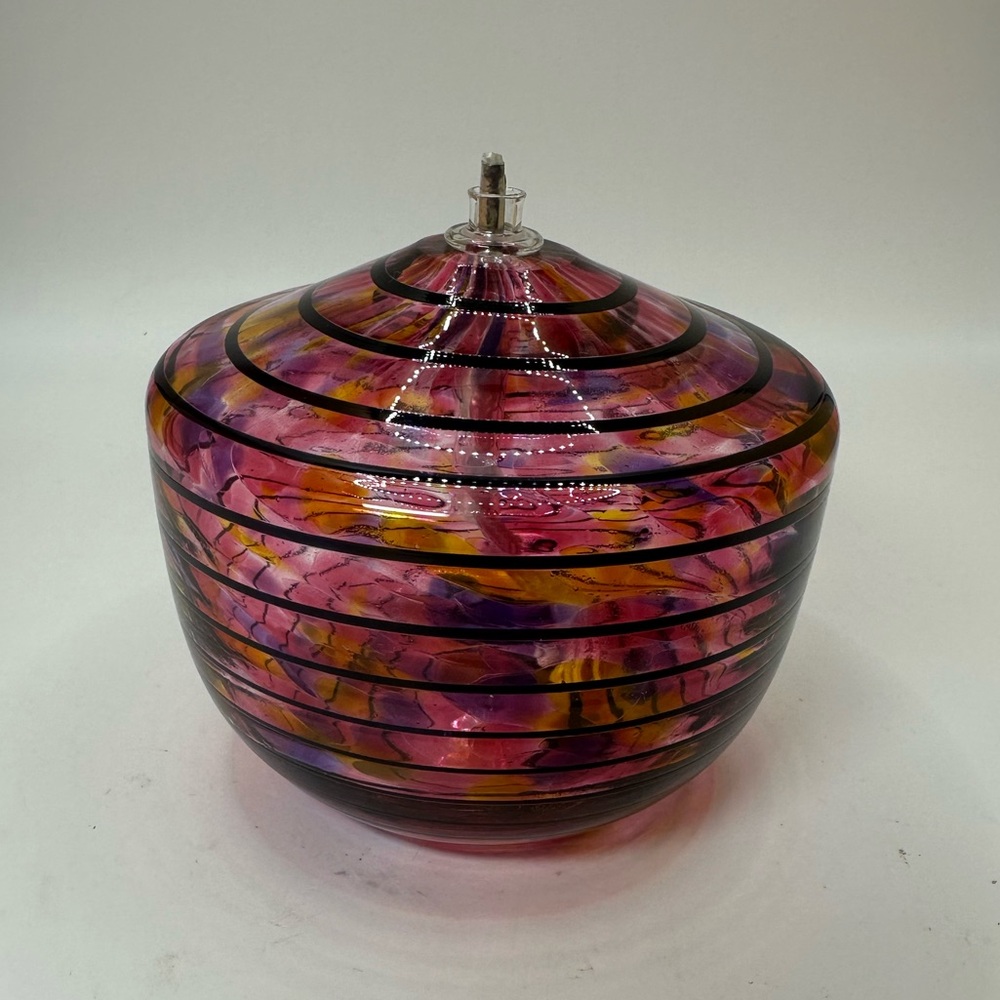 Fire Island Pink, Purple, Orange, Multi-Color Art Glass Oil Lamp Signed